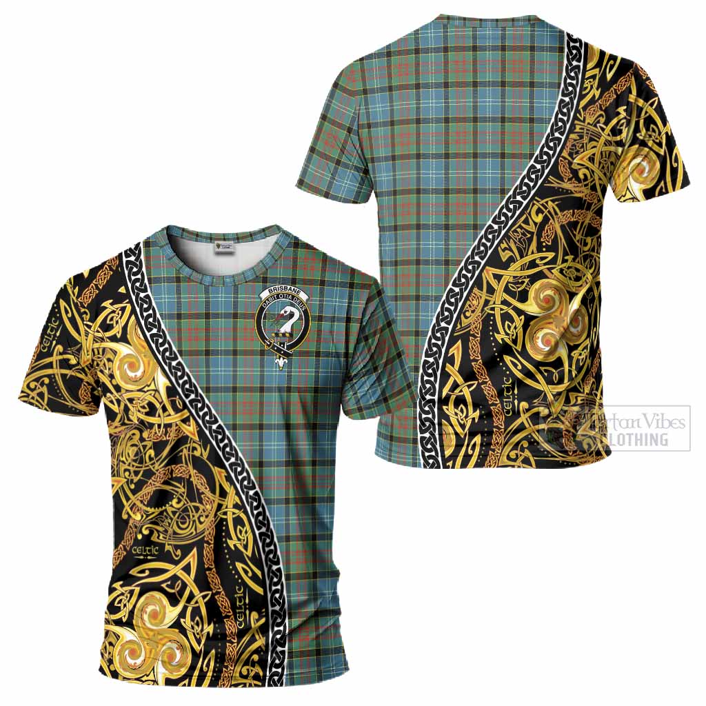 Brisbane Tartan Crest T-Shirt Celtic Knot and Triple Trickle Spiral Symbols