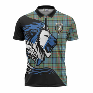 Brisbane Tartan Crest Zipper Polo Shirt Scottish Golden Lions Wave Flow
