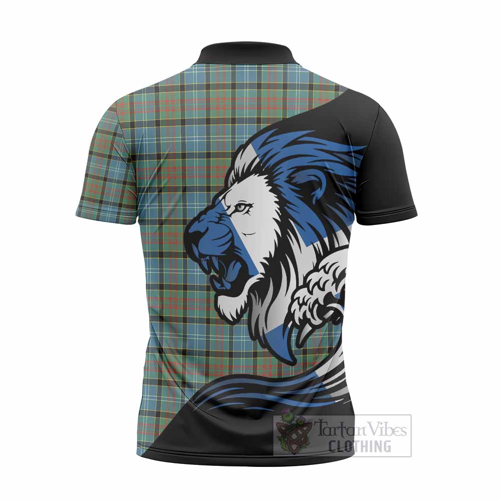 Brisbane Tartan Crest Zipper Polo Shirt Scottish Golden Lions Wave Flow