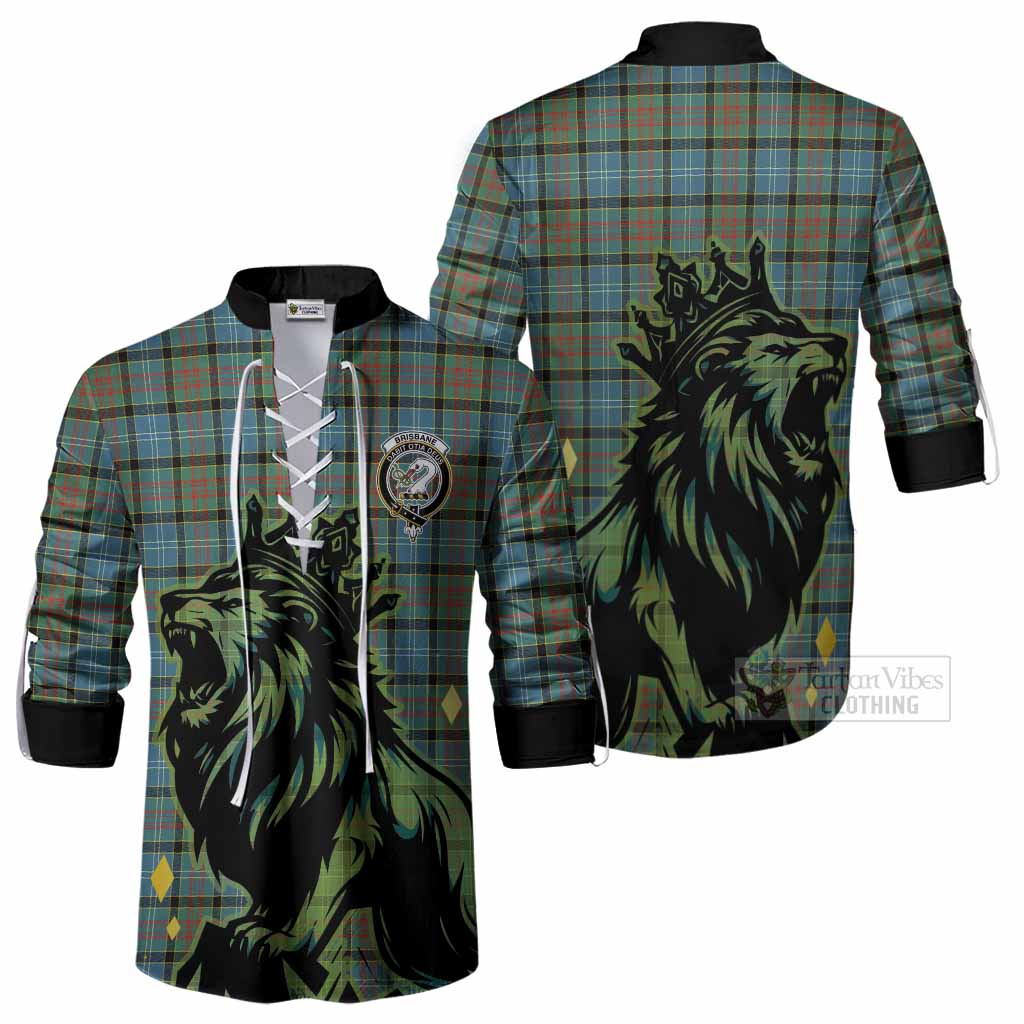 Brisbane Tartan Family Crest Ghillie Shirt Crowned Lion Roaring