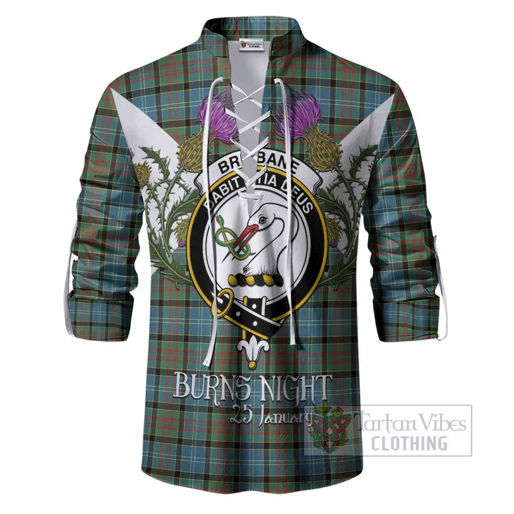 Brisbane Tartan Family Crest Ghillie Shirt Scottish Burns Night Thistle Floral