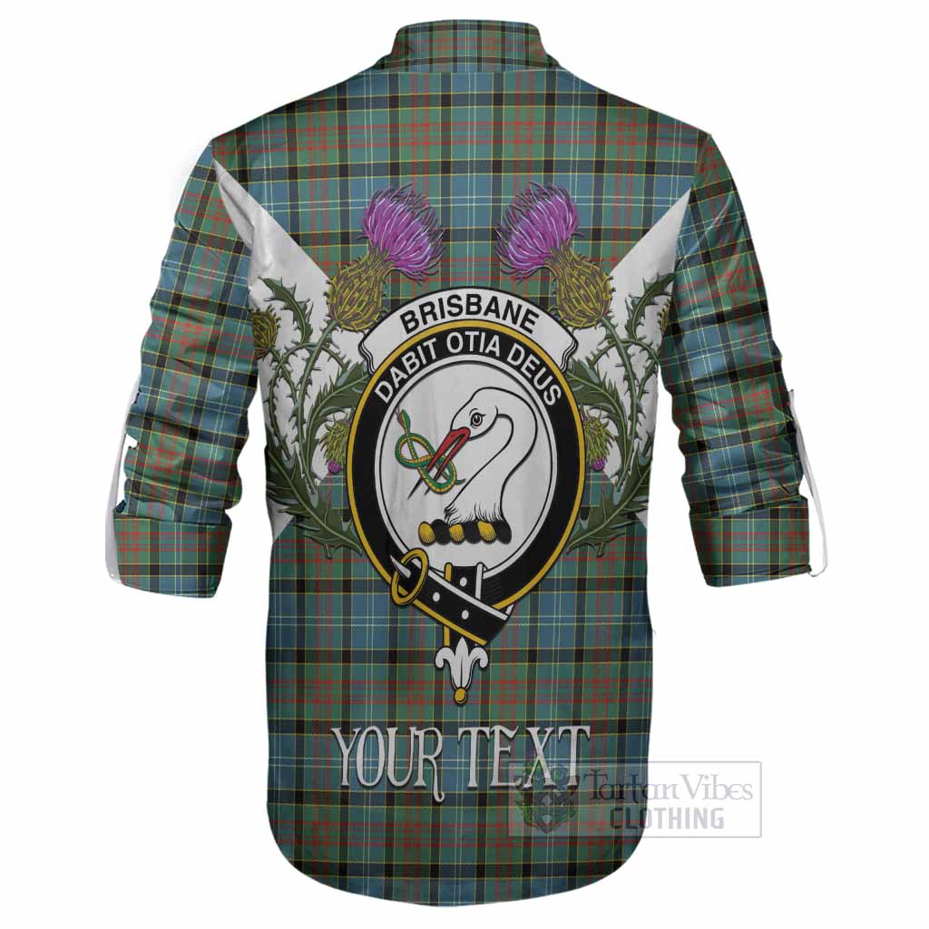 Brisbane Tartan Family Crest Ghillie Shirt Scottish Burns Night Thistle Floral