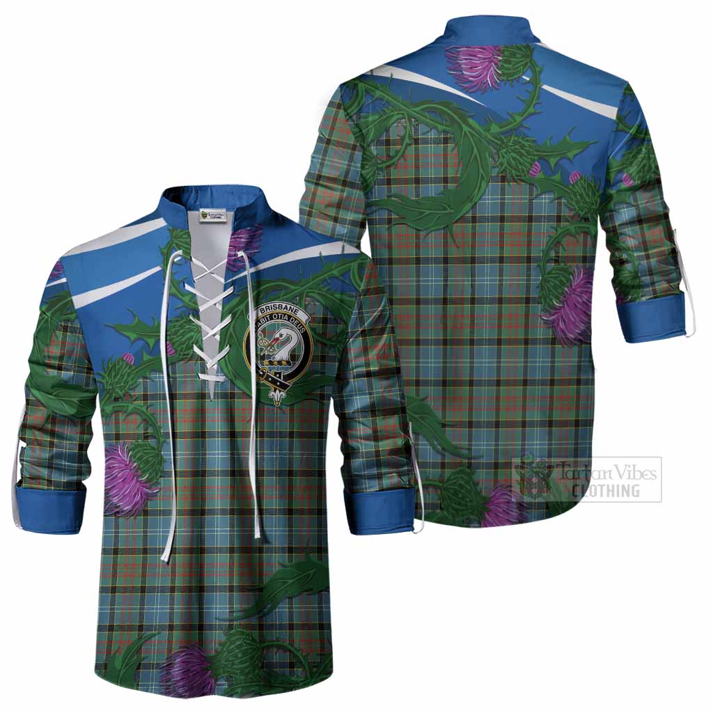 Brisbane Tartan Family Crest Ghillie Shirt Thistle in Minimalism