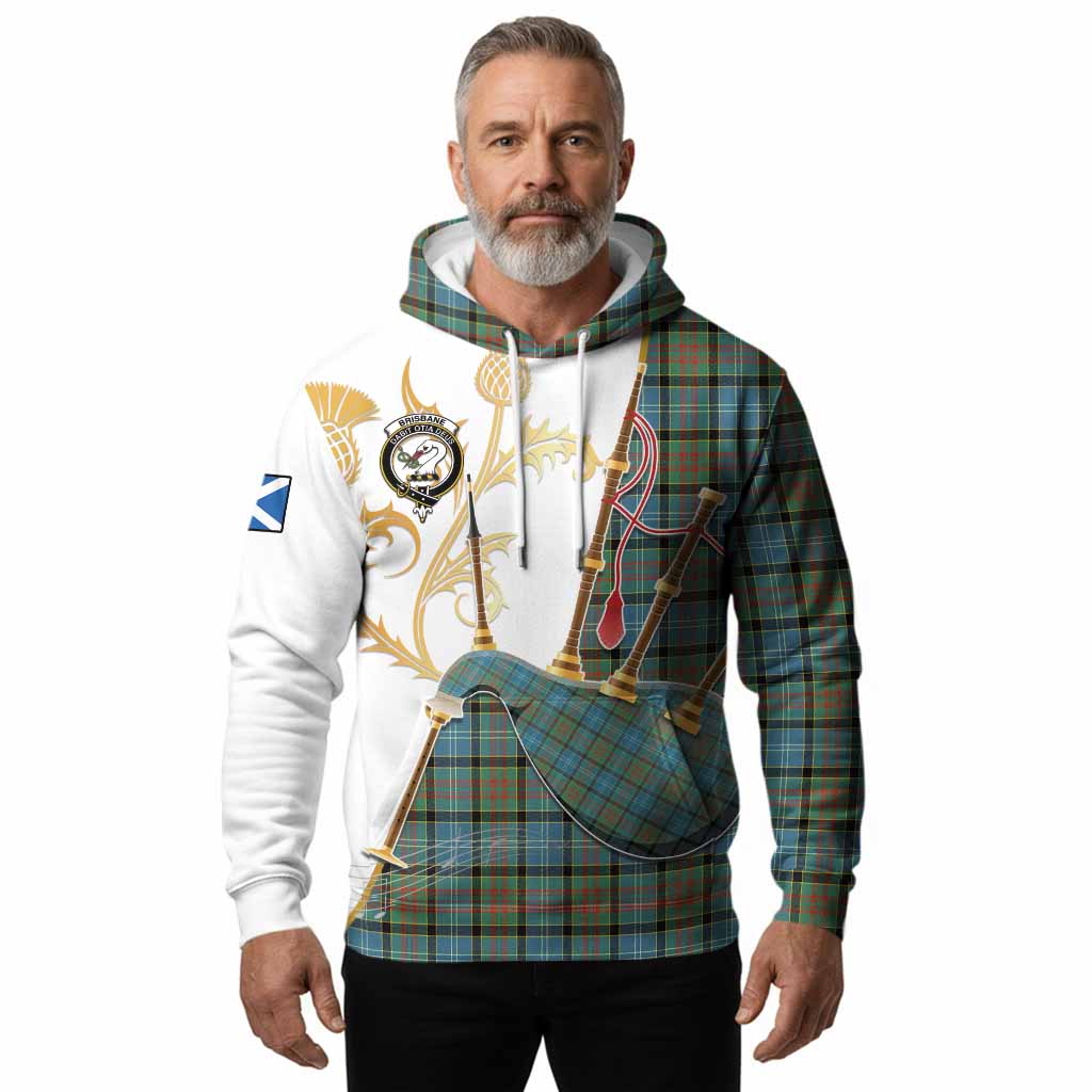 Brisbane Tartan Family Crest Hoodie Bagpipes with Scottish Thistle