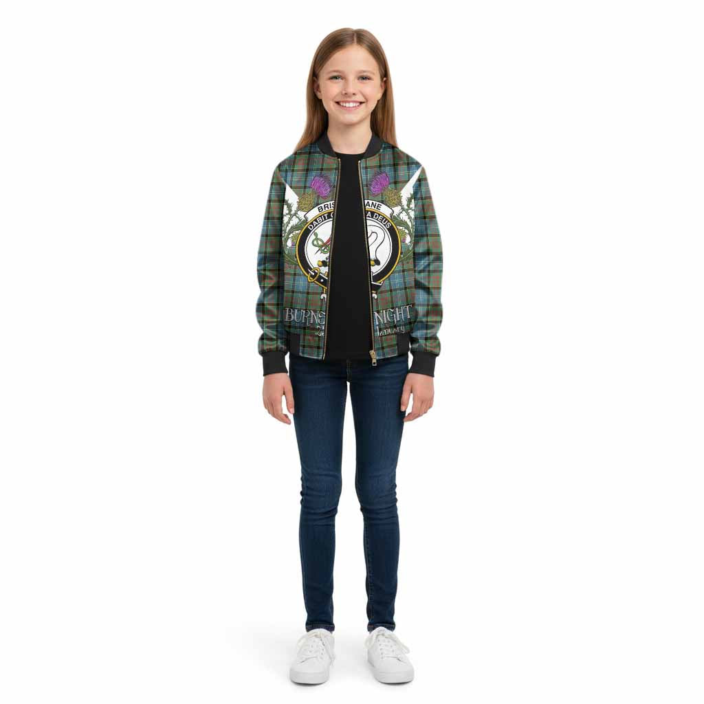Brisbane Tartan Family Crest Kid Bomber Jacket Scottish Burns Night Thistle Floral