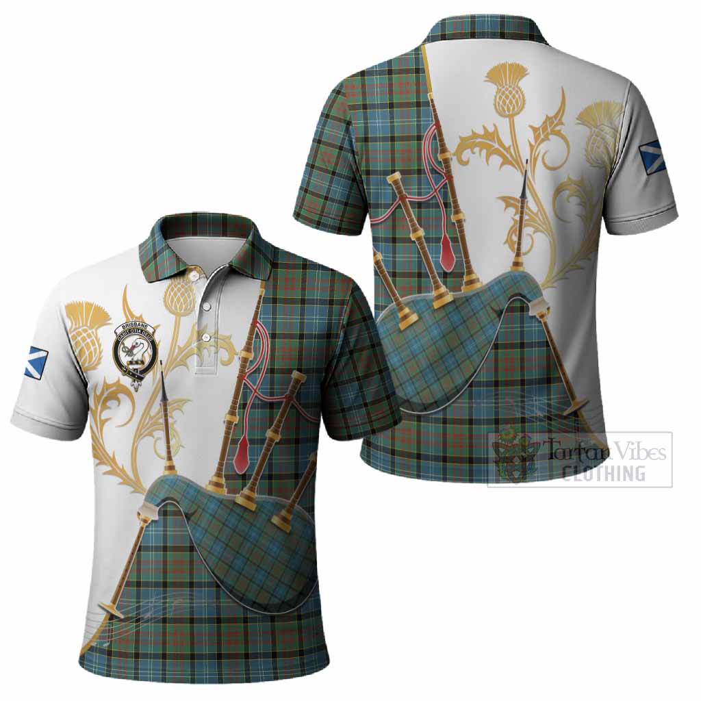 Brisbane Tartan Family Crest Polo Shirt Bagpipes with Scottish Thistle