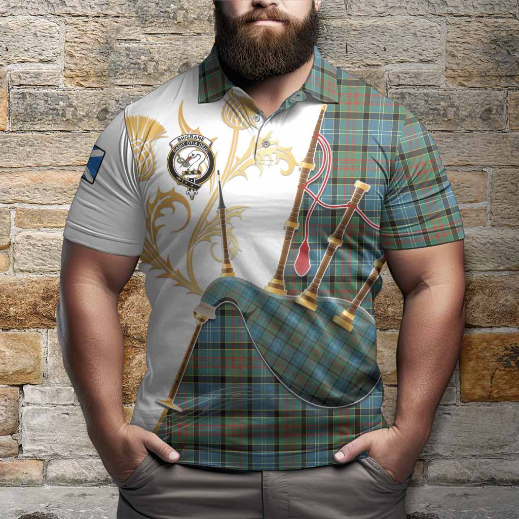 Brisbane Tartan Family Crest Polo Shirt Bagpipes with Scottish Thistle