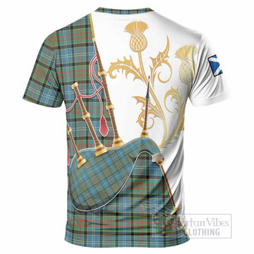 Brisbane Tartan Family Crest T-Shirt Bagpipes with Scottish Thistle