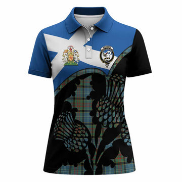 Brisbane Tartan Family Crest Women Polo Shirt Scotland Thistle Floral Flag Style