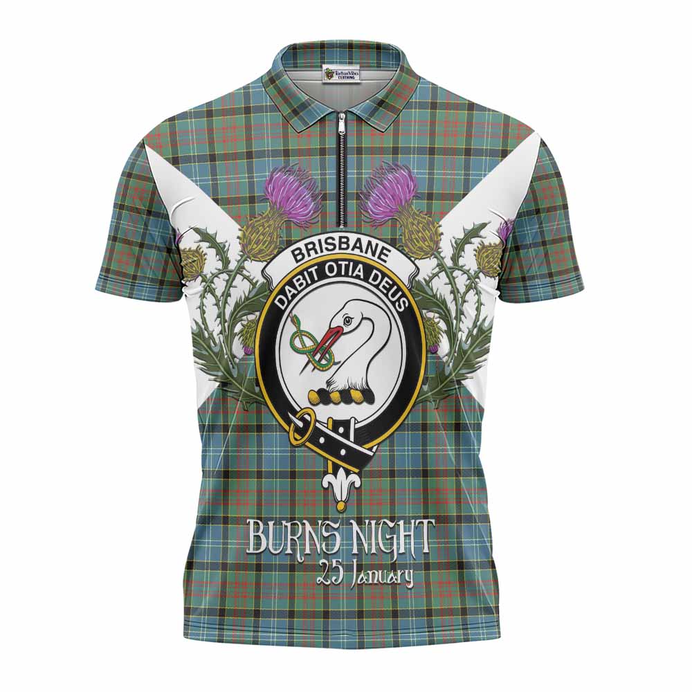 Brisbane Tartan Family Crest Zipper Polo Shirt Scottish Burns Night Thistle Floral