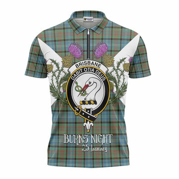 Brisbane Tartan Family Crest Zipper Polo Shirt Scottish Burns Night Thistle Floral