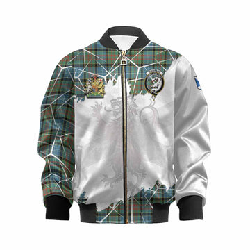 Brisbane Tartan Kid Bomber Jacket with Family Crest and Lion Rampant Grunge Style