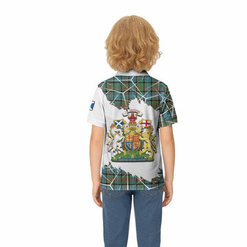 Brisbane Tartan Kid Polo Shirt with Family Crest and Lion Rampant Grunge Style
