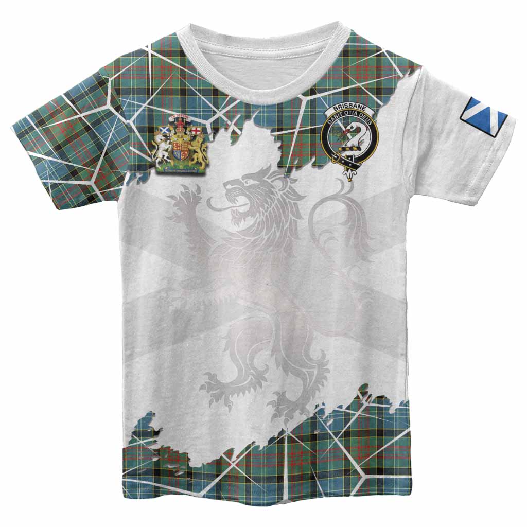 Brisbane Tartan Kid T-shirt with Family Crest and Lion Rampant Grunge Style