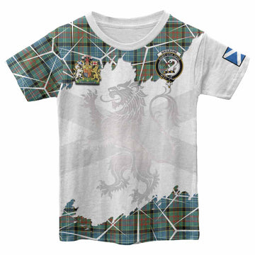 Brisbane Tartan Kid T-shirt with Family Crest and Lion Rampant Grunge Style