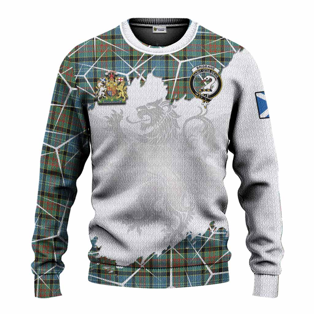 Brisbane Tartan Knitted Sweater with Family Crest and Lion Rampant Grunge Style