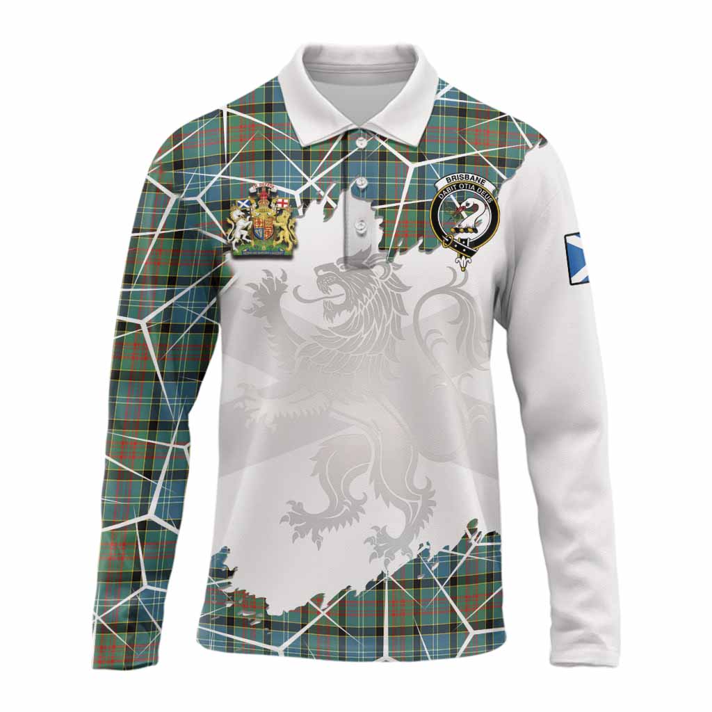 Brisbane Tartan Long Sleeve Polo Shirt with Family Crest and Lion Rampant Grunge Style