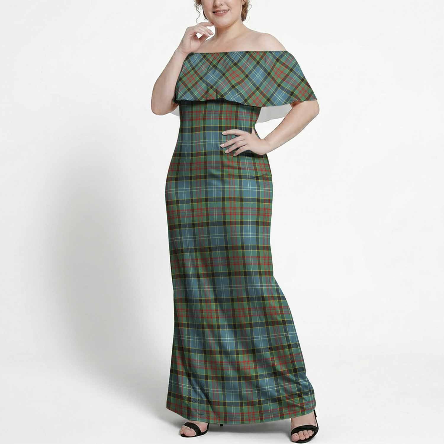 Brisbane Tartan Off Shoulder Ruffle Maxi Dress