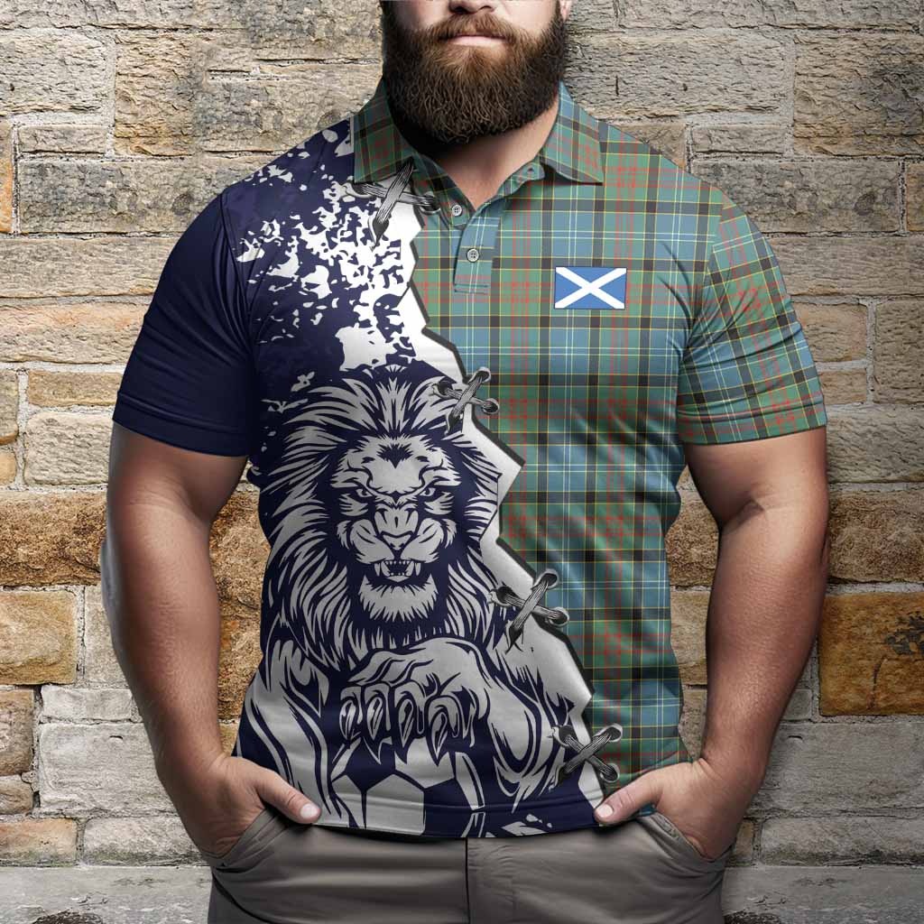 Brisbane Tartan Scottish Polo Shirt Angry Lion With Soccer Ball Style