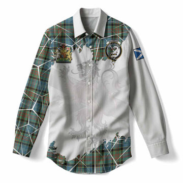 Brisbane Tartan Women Casual Shirt with Family Crest and Lion Rampant Grunge Style