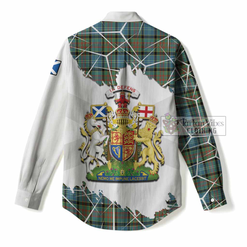 Brisbane Tartan Women Casual Shirt with Family Crest and Lion Rampant Grunge Style