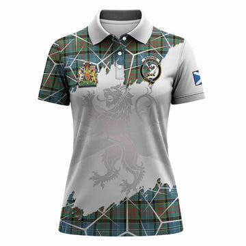 Brisbane Tartan Women Polo Shirt with Family Crest and Lion Rampant Grunge Style