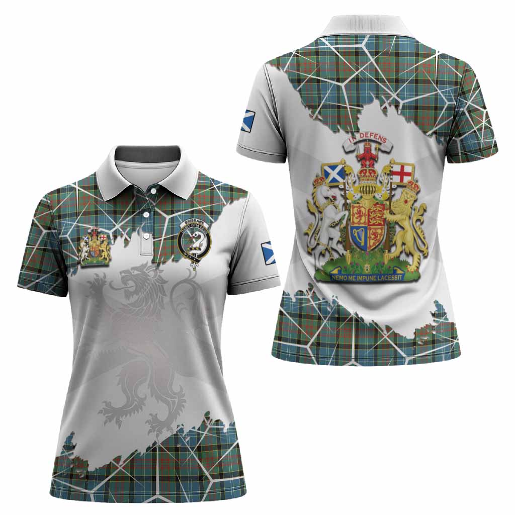 Brisbane Tartan Women Polo Shirt with Family Crest and Lion Rampant Grunge Style