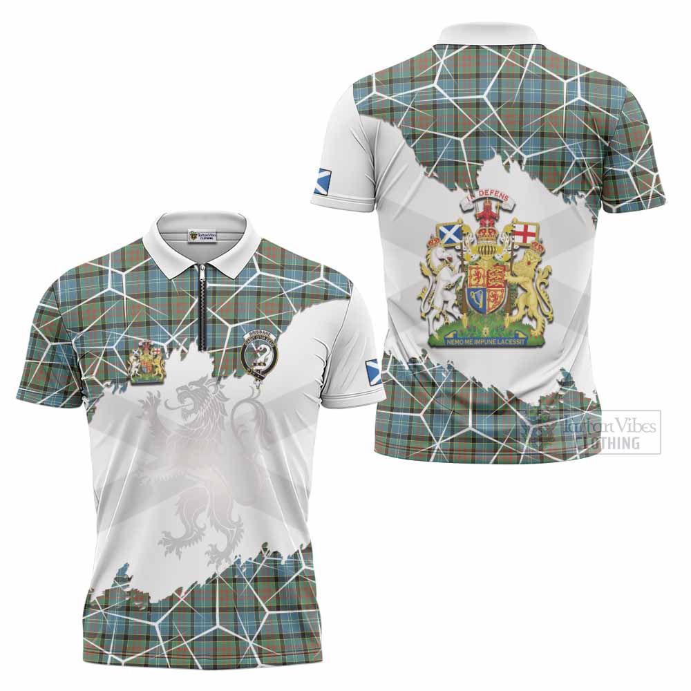 Brisbane Tartan Zipper Polo Shirt with Family Crest and Lion Rampant Grunge Style