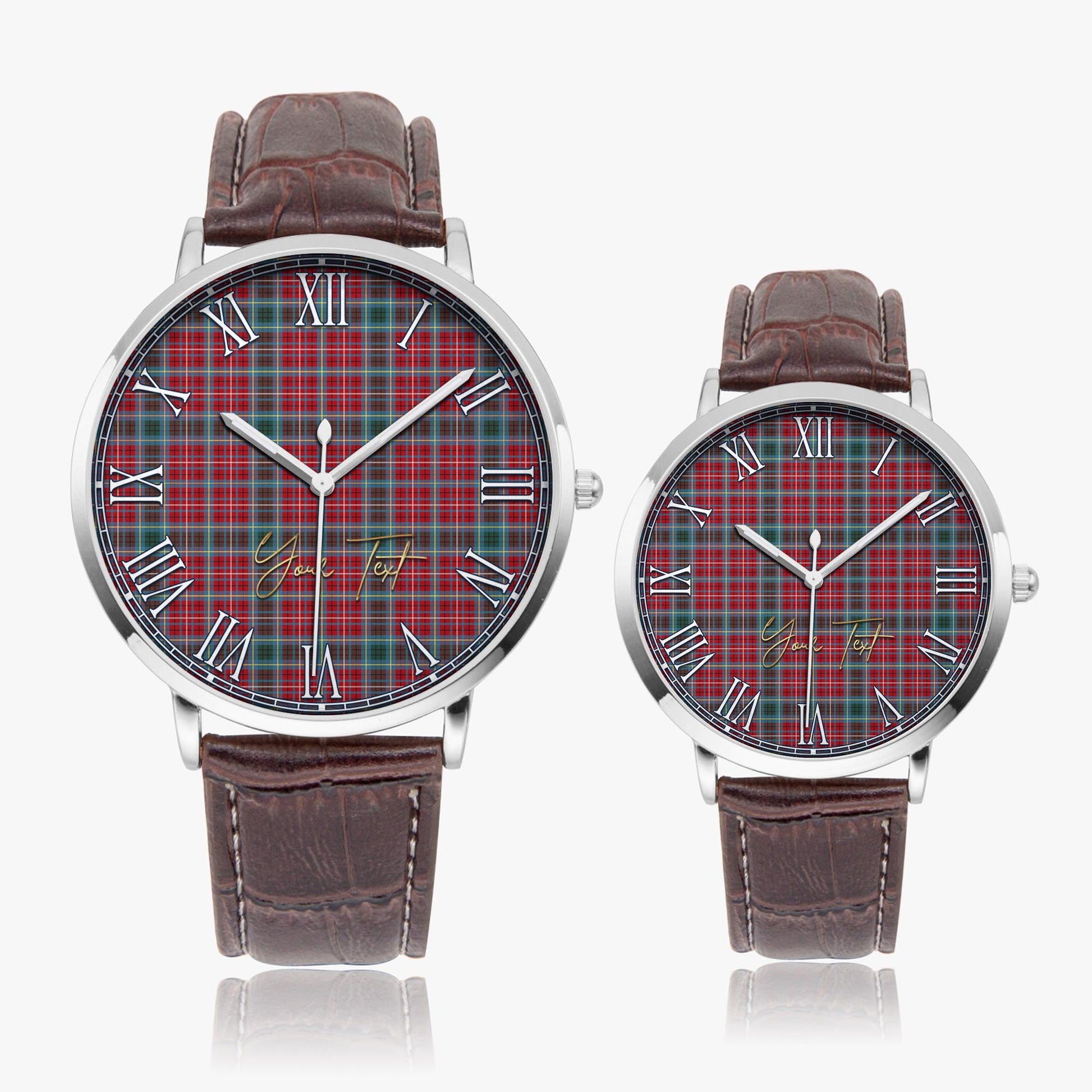 British Columbia Province Canada Tartan Personalized Your Text Leather Trap Quartz Watch Ultra Thin Silver Case With Brown Leather Strap - Tartanvibesclothing