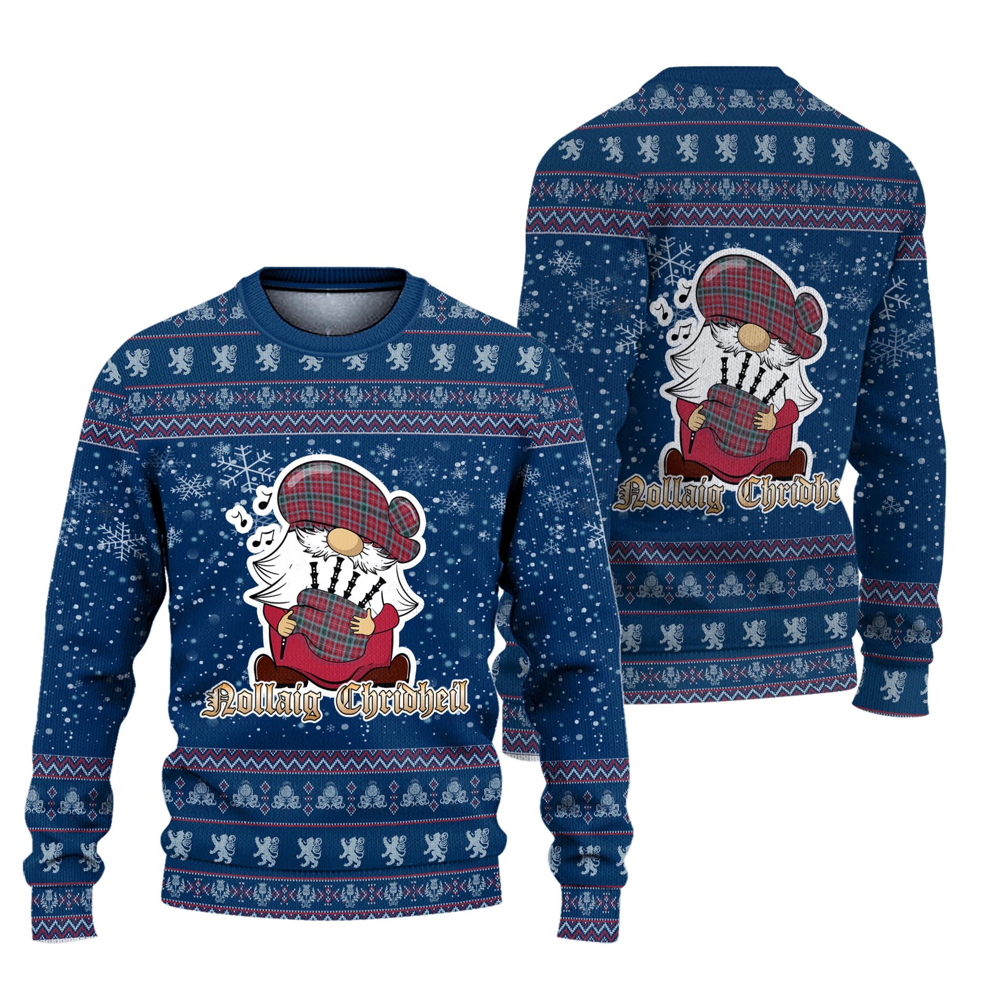 British Columbia Province Canada Clan Christmas Family Knitted Sweater with Funny Gnome Playing Bagpipes Unisex Blue - Tartanvibesclothing