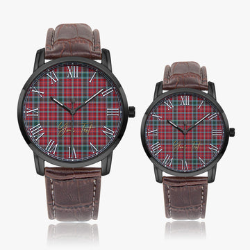 British Columbia Province Canada Tartan Personalized Your Text Leather Trap Quartz Watch Wide Type Black Case With Brown Leather Strap - Tartanvibesclothing