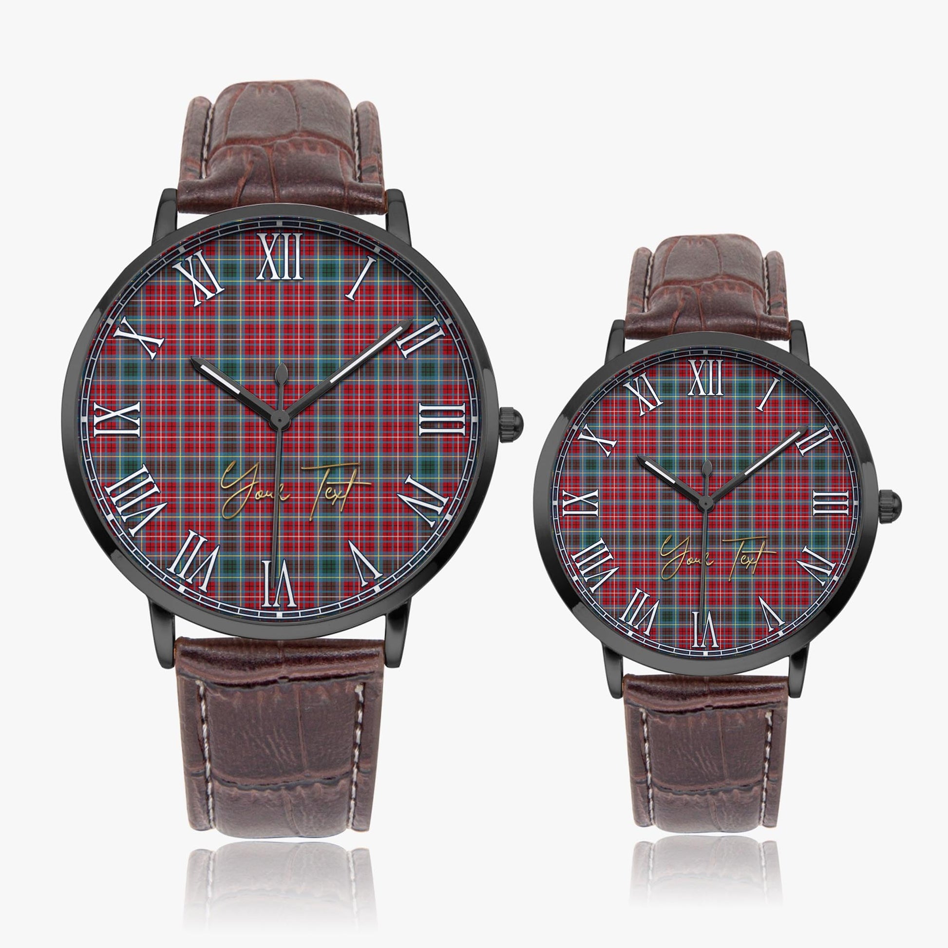 British Columbia Province Canada Tartan Personalized Your Text Leather Trap Quartz Watch Ultra Thin Black Case With Brown Leather Strap - Tartanvibesclothing