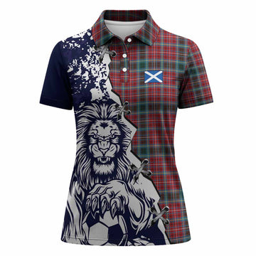 British Columbia Tartan Scottish Women Polo Shirt Angry Lion With Soccer Ball Style