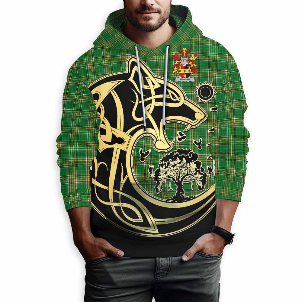 Tartan Vibes Clothing Broder Irish Tartan Hoodie with Coat of Arms Celtic Wolf Style