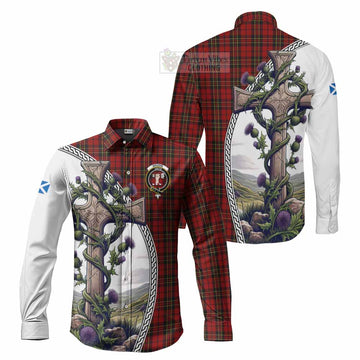 Brodie Tartan Long Sleeve Button Shirt with Family Crest and St. Andrew's Cross Accented by Thistle Vines Men's Shirt S - Tartan Vibes Clothing