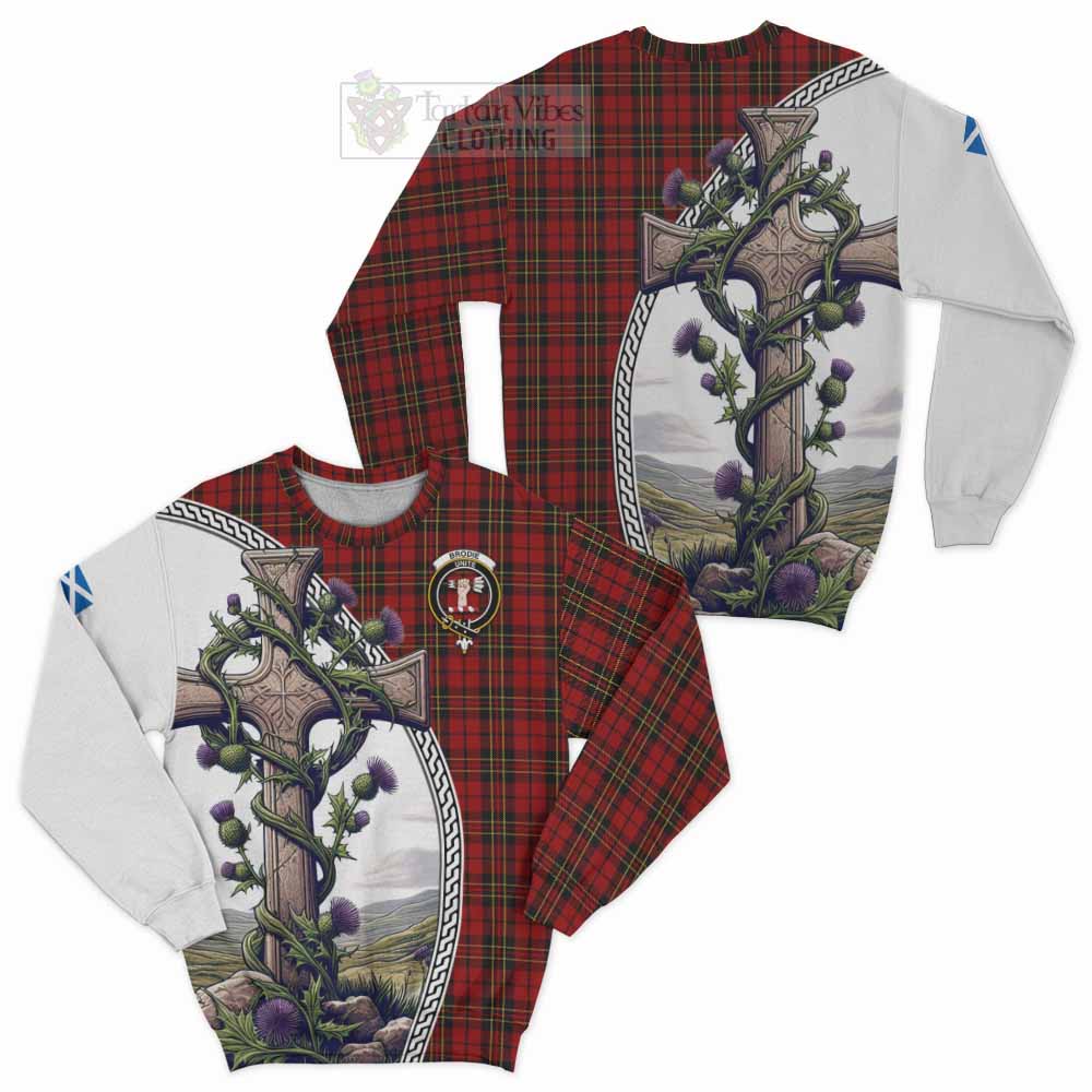 Brodie Tartan Sweatshirt with Family Crest and St. Andrew's Cross Accented by Thistle Vines Unisex - Tartan Vibes Clothing