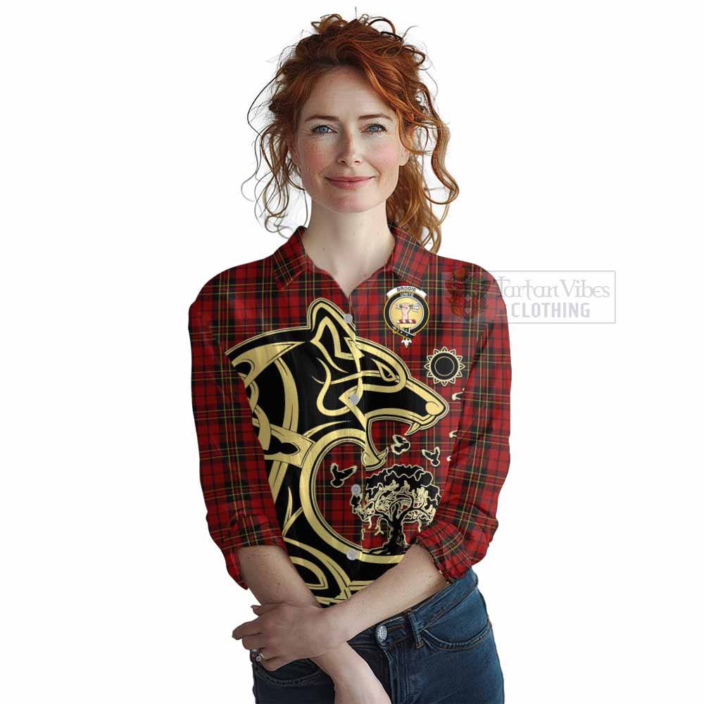 Brodie Tartan Women's Casual Shirt with Family Crest Celtic Wolf Style Female - Tartan Vibes Clothing