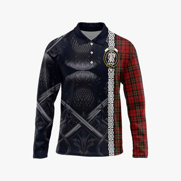 Brodie Tartan Long Sleeve Polo Shirt with Family Crest Cross Sword Thistle Celtic Vibes Unisex - Tartan Vibes Clothing