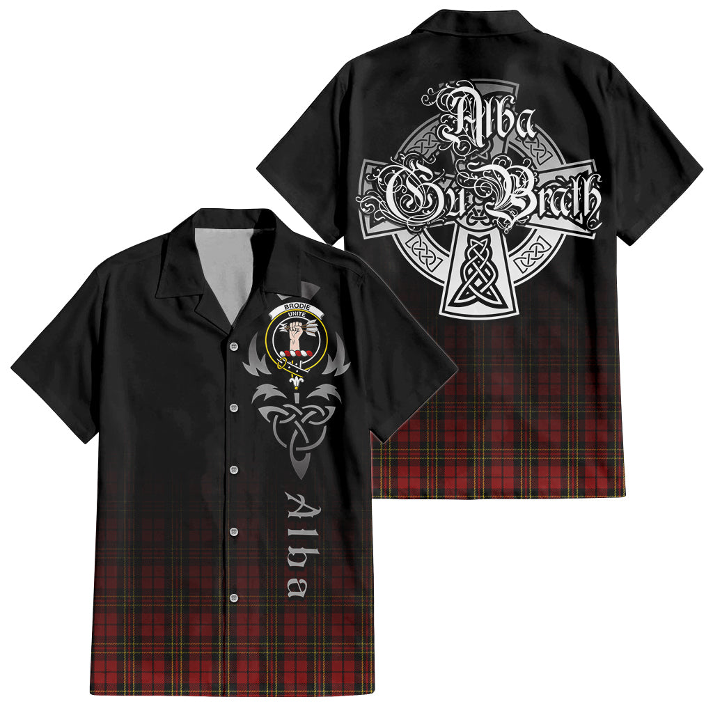 Tartan Vibes Clothing Brodie Tartan Short Sleeve Button Up Featuring Alba Gu Brath Family Crest Celtic Inspired