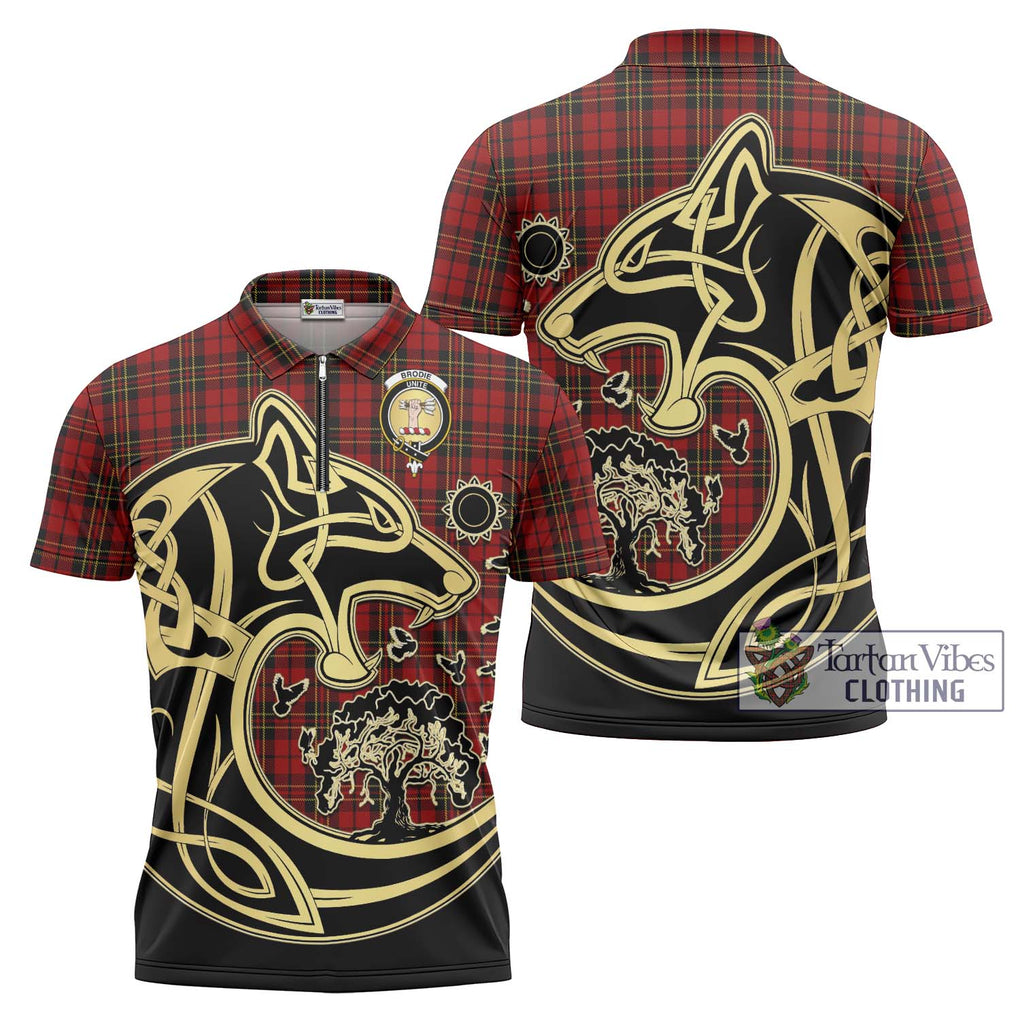 Brodie Tartan Zipper Polo Shirt with Family Crest Celtic Wolf Style Unisex - Tartan Vibes Clothing