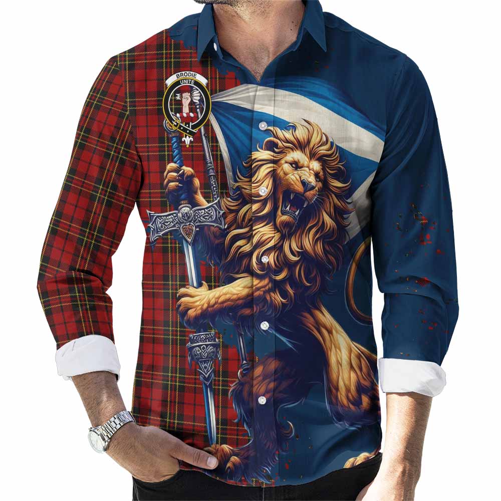 Brodie Tartan Family Crest Long Sleeve Button Shirt with Scottish Majestic Lion Men's Shirt S - Tartan Vibes Clothing