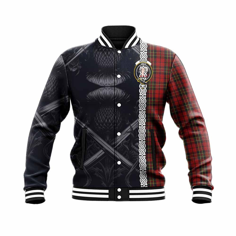 Brodie Tartan Baseball Jacket with Family Crest Cross Sword Thistle Celtic Vibes Unisex - Tartan Vibes Clothing