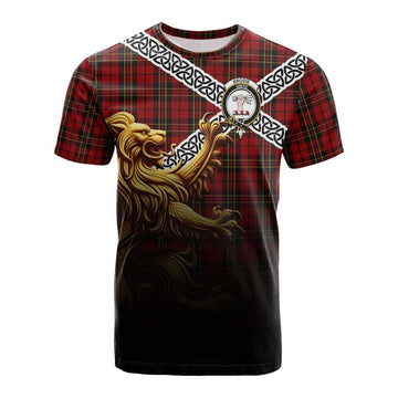 Tartan Vibes Clothing Brodie Crest Tartan Cotton T-shirt with Golden Lion Emblem Celtic Style