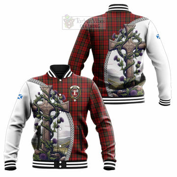 Brodie Tartan Baseball Jacket with Family Crest and St. Andrew's Cross Accented by Thistle Vines Unisex - Tartan Vibes Clothing