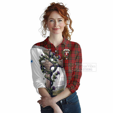 Brodie Tartan Women's Casual Shirt with Family Crest and St. Andrew's Cross Accented by Thistle Vines Female - Tartan Vibes Clothing