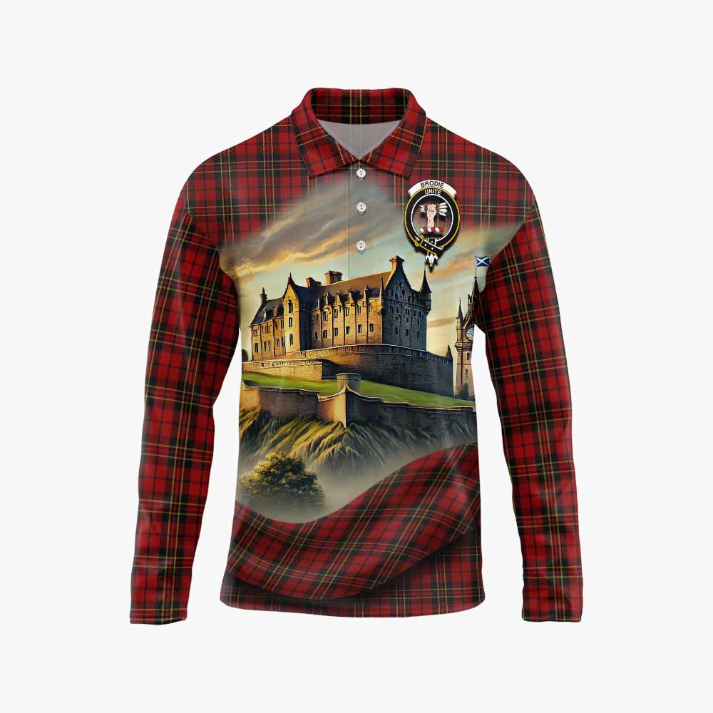 Brodie Tartan Family Crest Long Sleeve Polo Shirt with Scottish Ancient Castle Style Unisex - Tartan Vibes Clothing