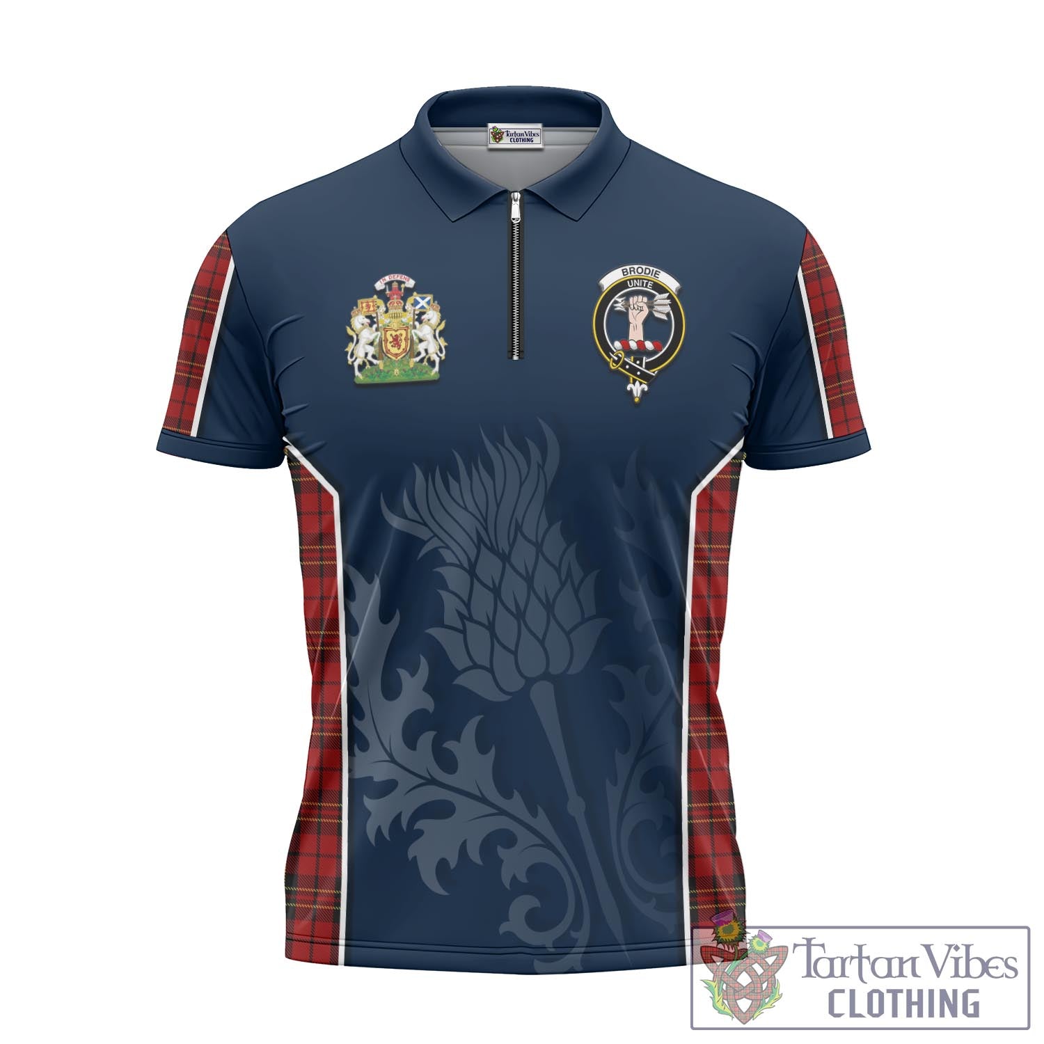 Tartan Vibes Clothing Brodie Tartan Zipper Polo Shirt with Family Crest and Scottish Thistle Vibes Sport Style