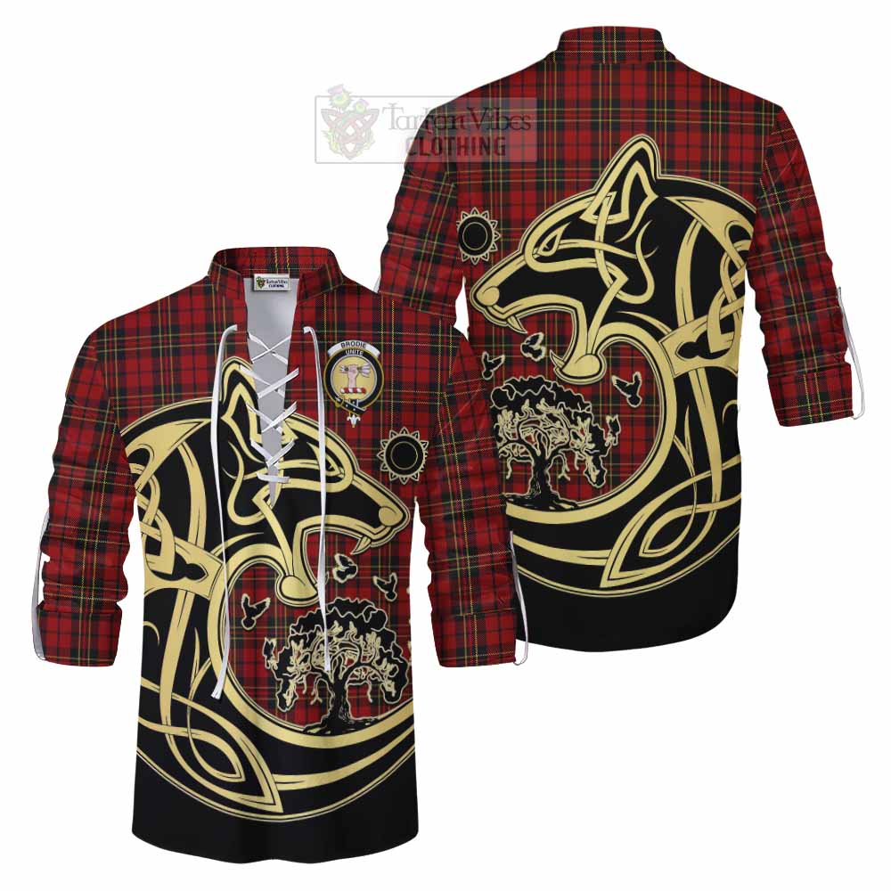 Brodie Tartan Ghillie Kilt Shirt with Family Crest Celtic Wolf Style Men - Tartan Vibes Clothing