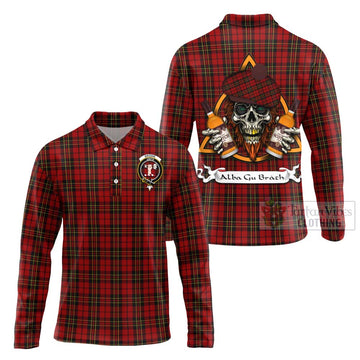 Brodie Tartan Long Sleeve Polo Shirt with Family Crest and Bearded Skull Holding Bottles of Whiskey Unisex - Tartan Vibes Clothing