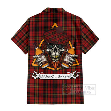 Brodie Tartan Hawaiian Shirt with Family Crest and Bearded Skull Holding Bottles of Whiskey - Tartan Vibes Clothing